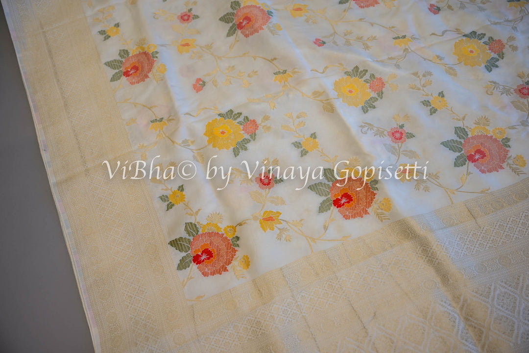 Off White Banarasi Katan Silk Saree And Blouse With Floral Motifs