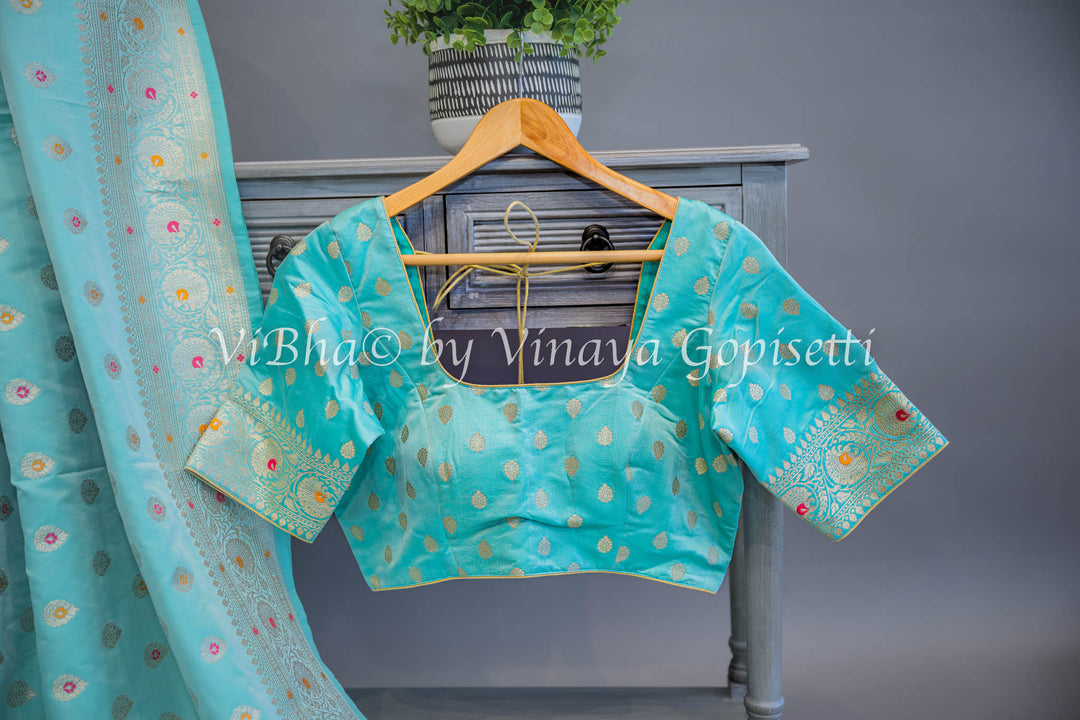 Aqua Banarasi Katan Silk Saree And Blouse With Meenakari Work