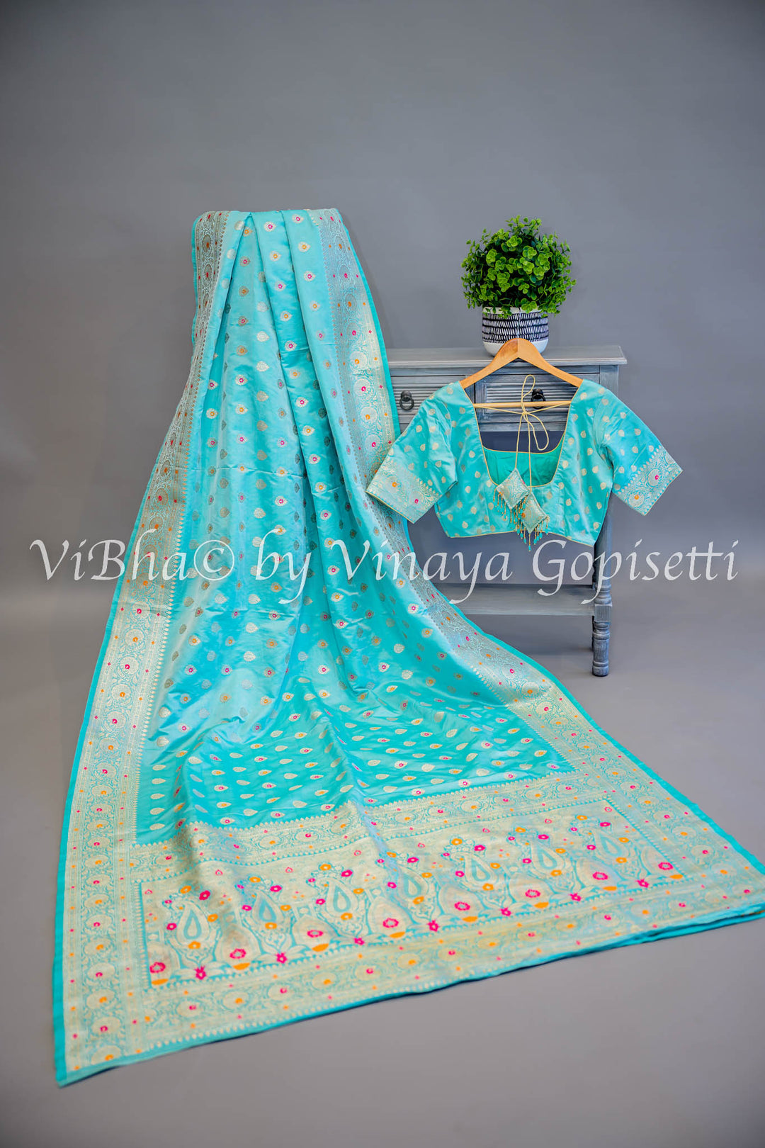 Aqua Banarasi Katan Silk Saree And Blouse With Meenakari Work