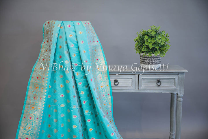 Aqua Banarasi Katan Silk Saree And Blouse With Meenakari Work