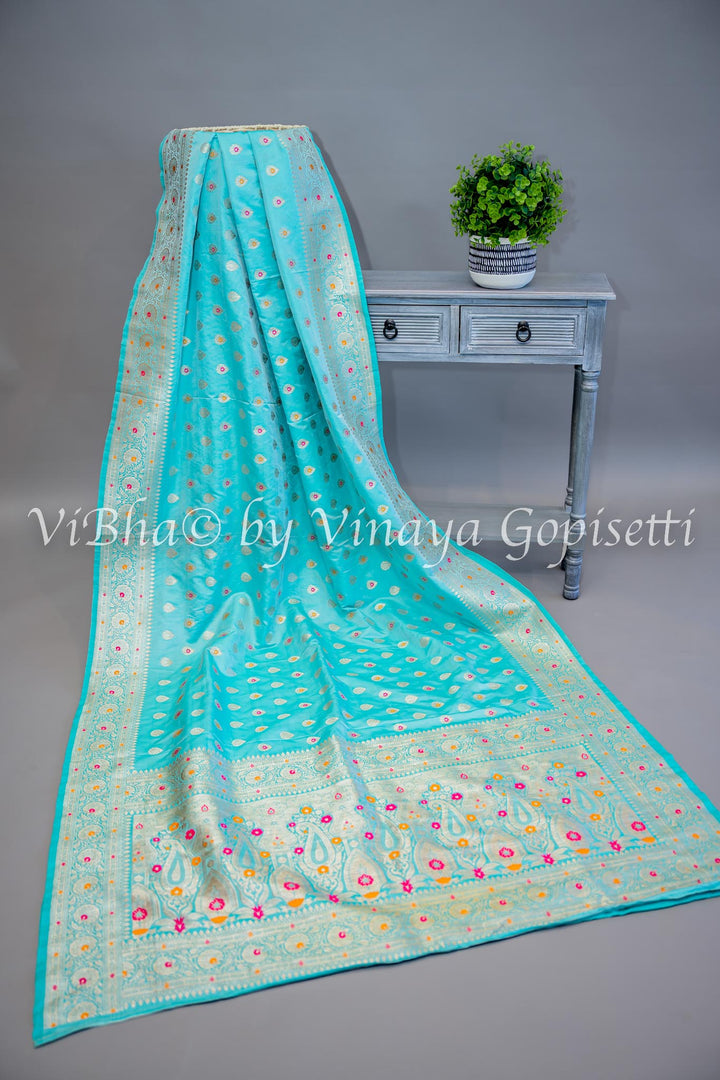 Aqua Banarasi Katan Silk Saree And Blouse With Meenakari Work