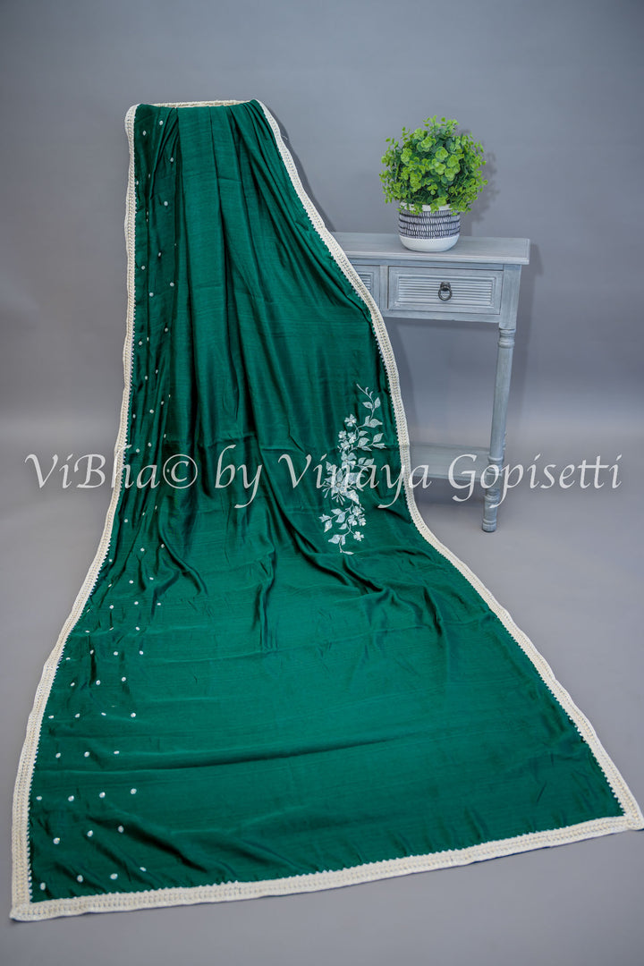 Green embroidered Saree With Off white Blouse