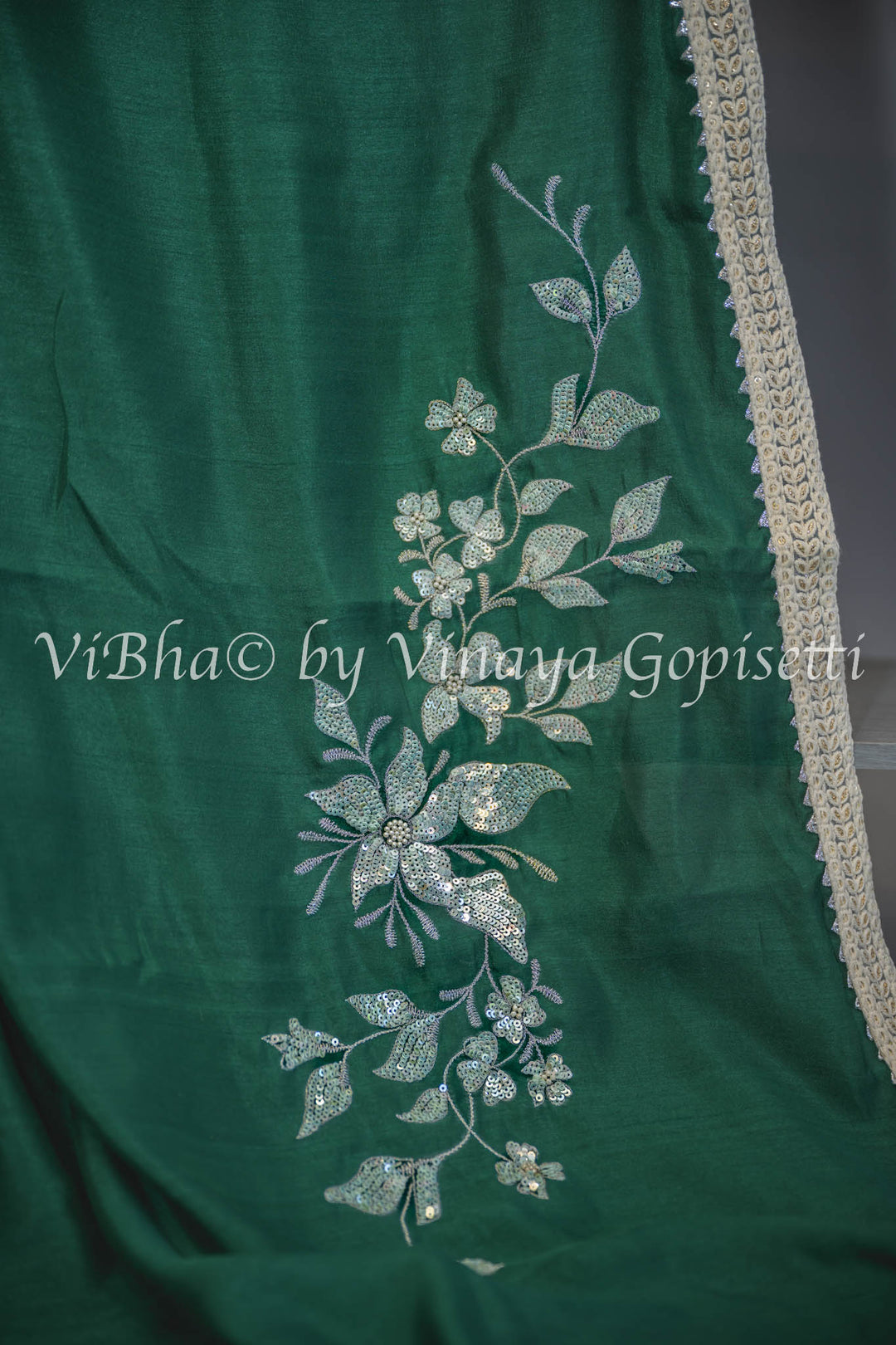 Green embroidered Saree With Off white Blouse