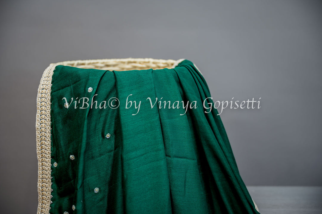 Green embroidered Saree With Off white Blouse