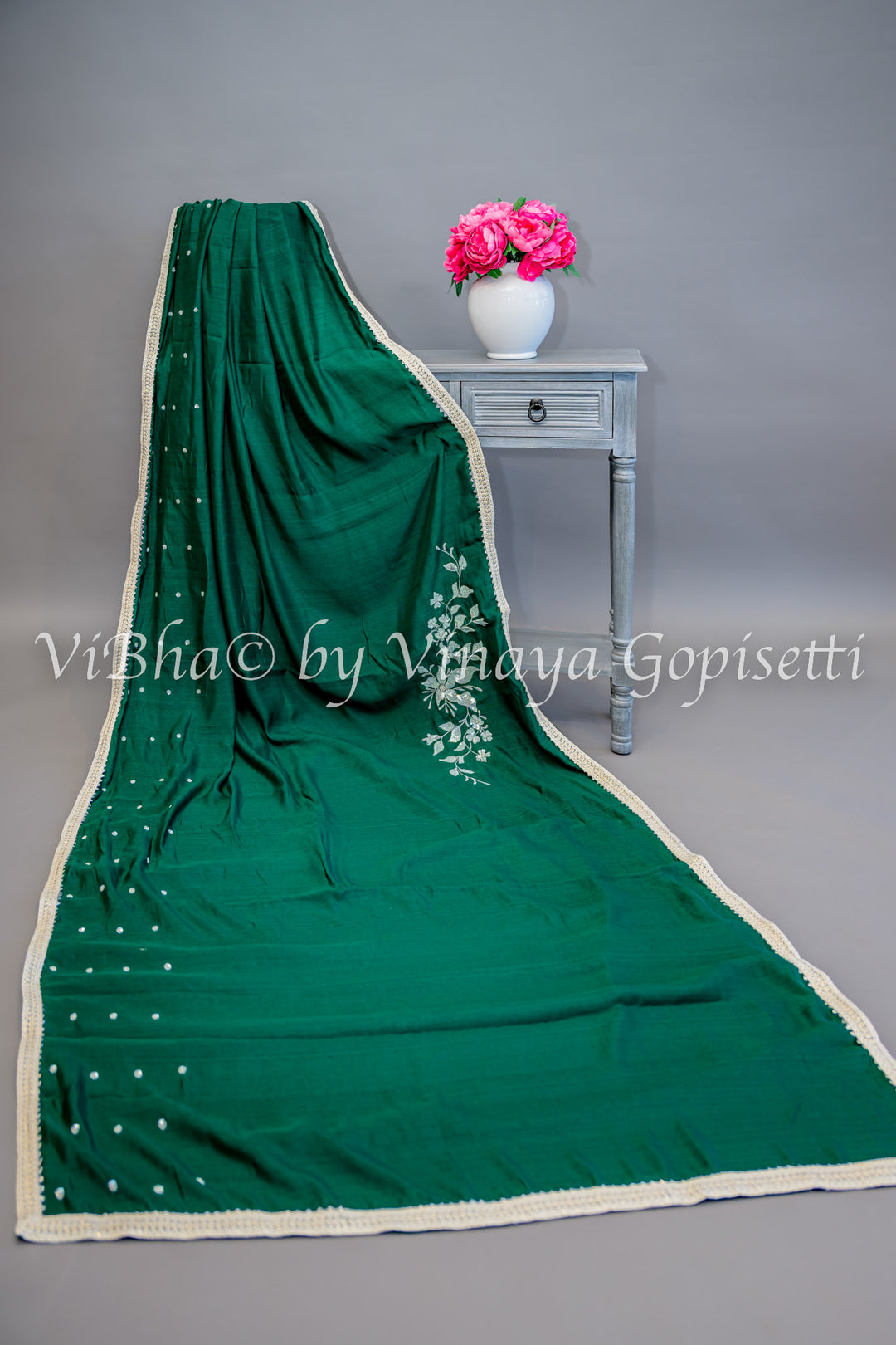 Green embroidered Saree With Off white Blouse