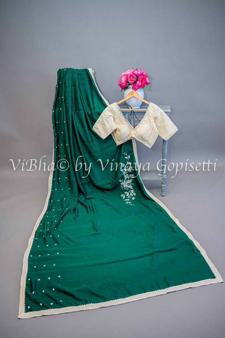 Green embroidered Saree With Off white Blouse