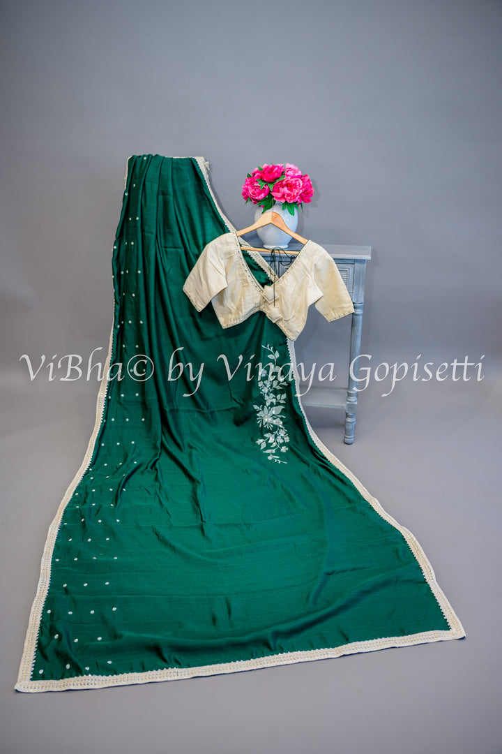 Green embroidered Saree With Off white Blouse