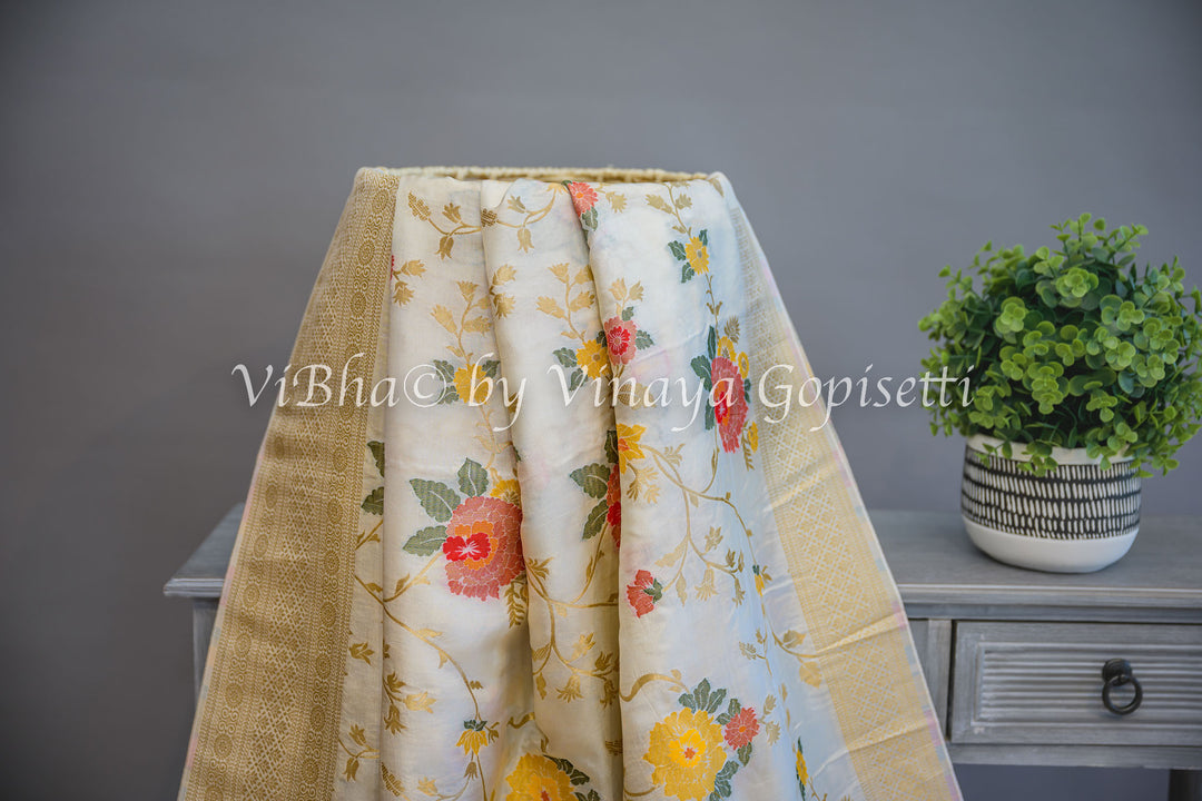 Off White Banarasi Katan Silk Saree And Blouse With Floral Motifs