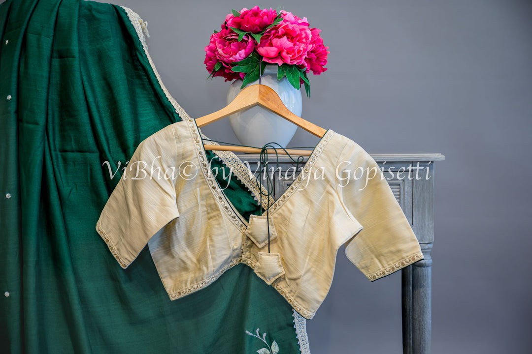 Green embroidered Saree With Off white Blouse