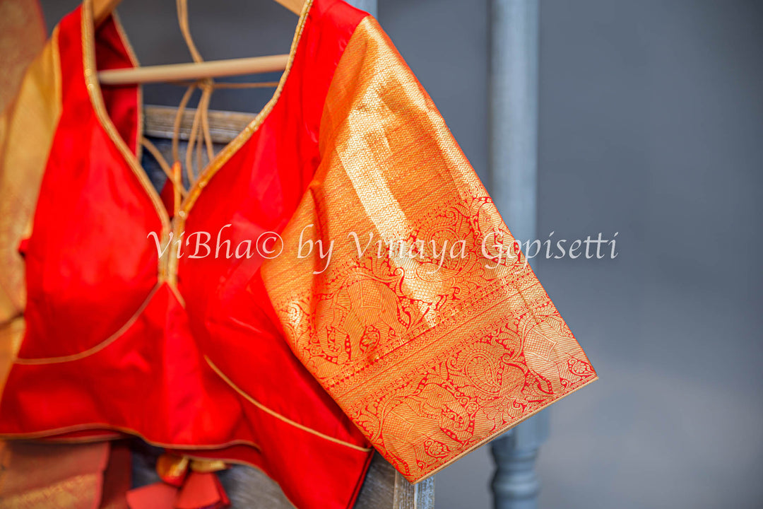 Rust and Red Kanchi Pen Kalamkari Silk Saree And Blouse