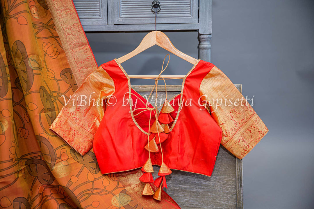 Rust and Red Kanchi Pen Kalamkari Silk Saree And Blouse