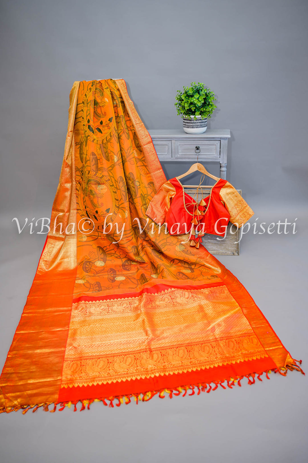 Rust and Red Kanchi Pen Kalamkari Silk Saree And Blouse