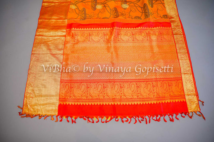 Rust and Red Kanchi Pen Kalamkari Silk Saree And Blouse