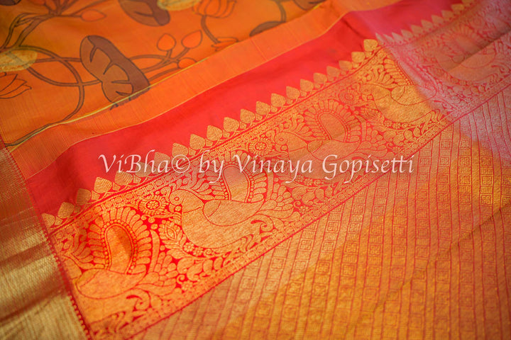 Rust and Red Kanchi Pen Kalamkari Silk Saree And Blouse