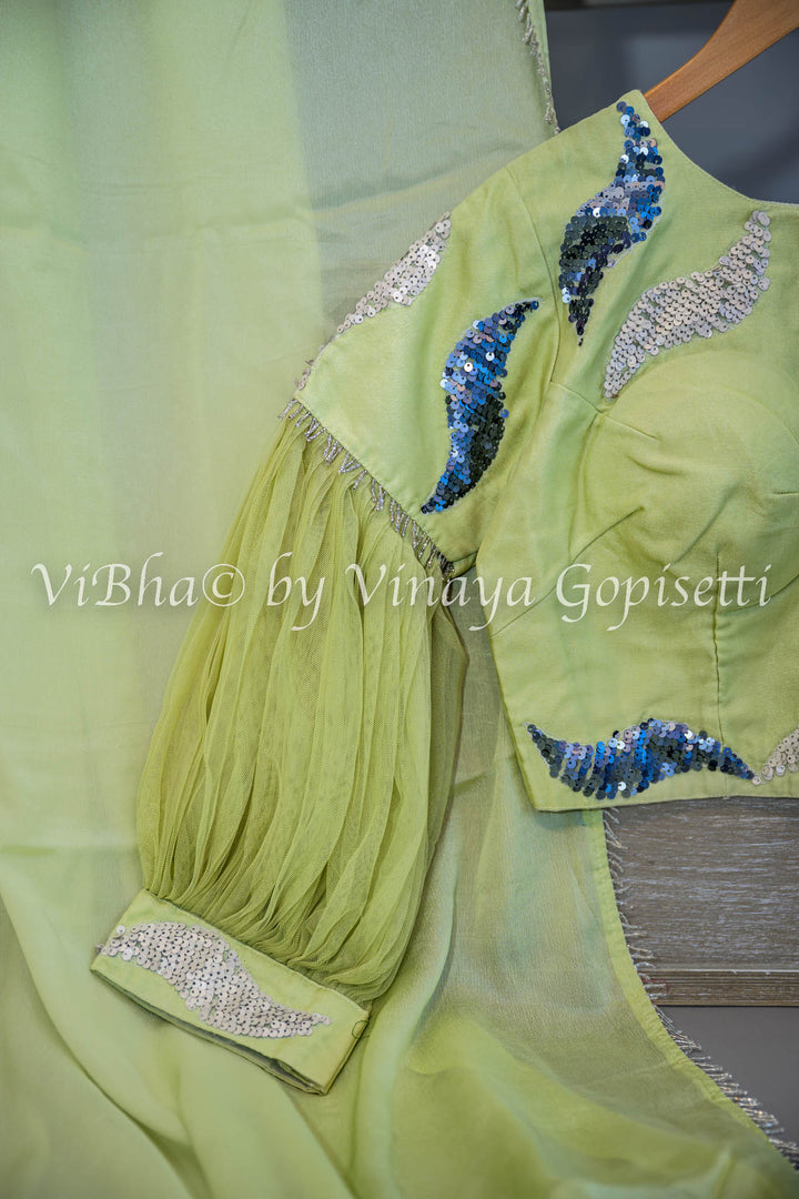 Sage Green Embroidered Silk Saree and Blouse