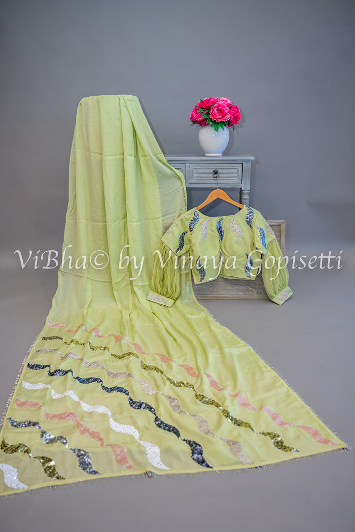 Sage Green Embroidered Silk Saree and Blouse