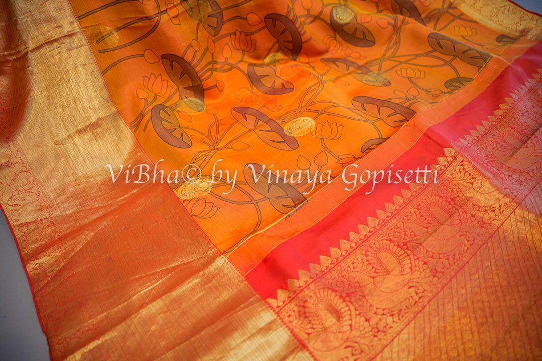 Rust and Red Kanchi Pen Kalamkari Silk Saree And Blouse