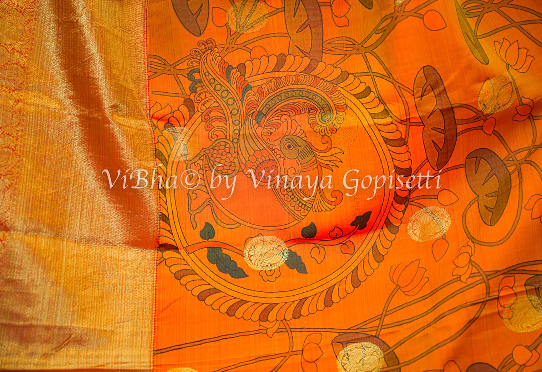 Rust and Red Kanchi Pen Kalamkari Silk Saree And Blouse