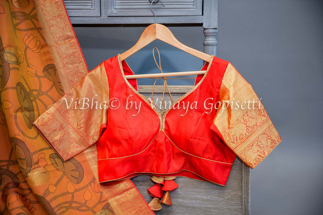 Rust and Red Kanchi Pen Kalamkari Silk Saree And Blouse