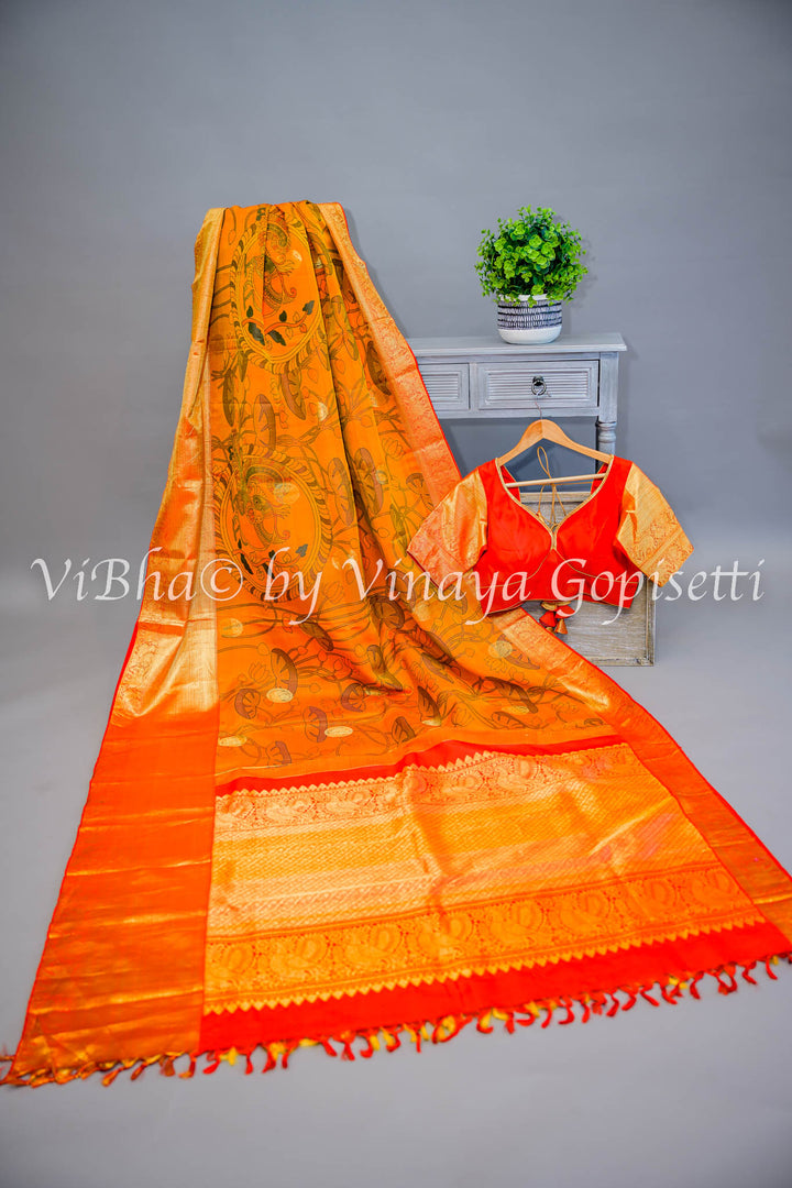 Rust and Red Kanchi Pen Kalamkari Silk Saree And Blouse