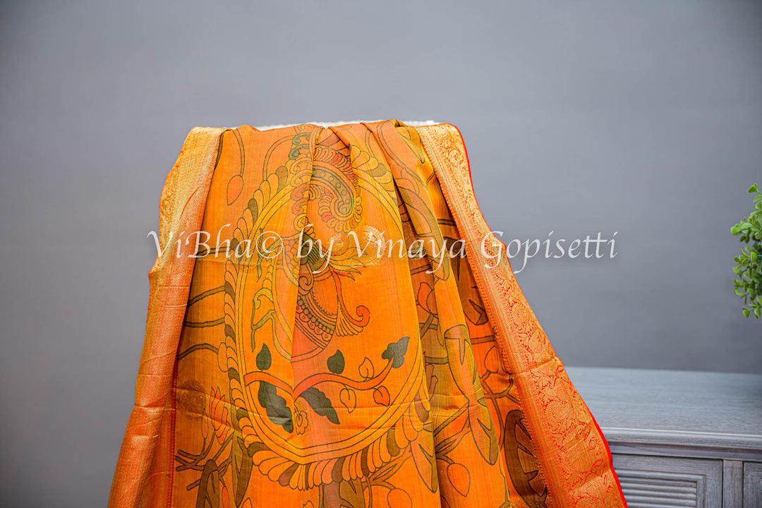 Rust and Red Kanchi Pen Kalamkari Silk Saree And Blouse