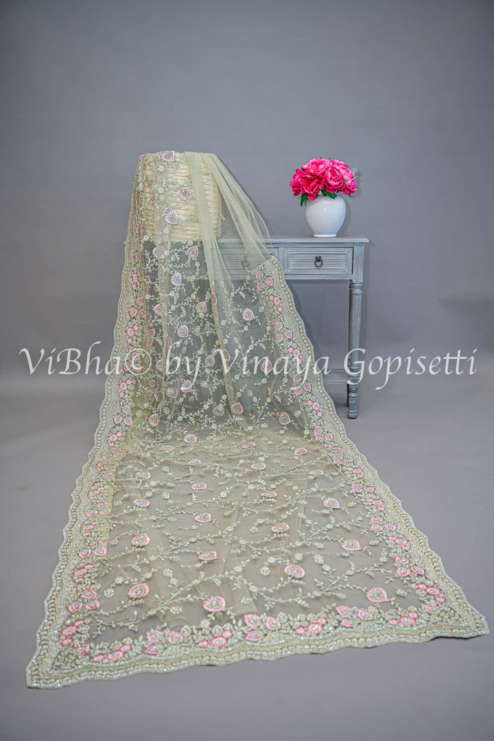 Pastel green embroidered saree