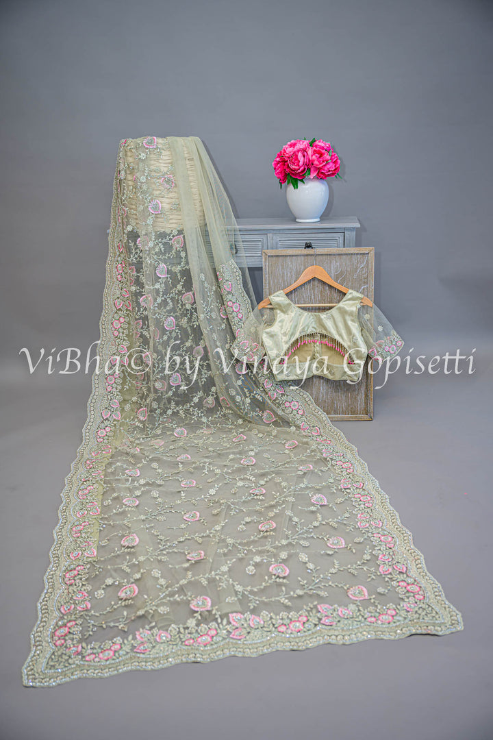 Pastel green embroidered saree