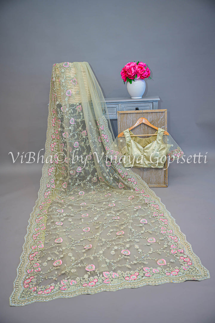 Pastel green embroidered saree