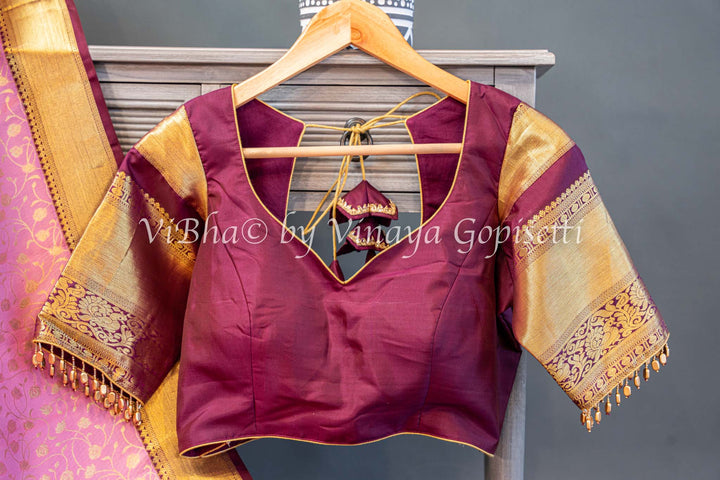 Pink And Burgundy Kanchi Silk Saree And Blouse