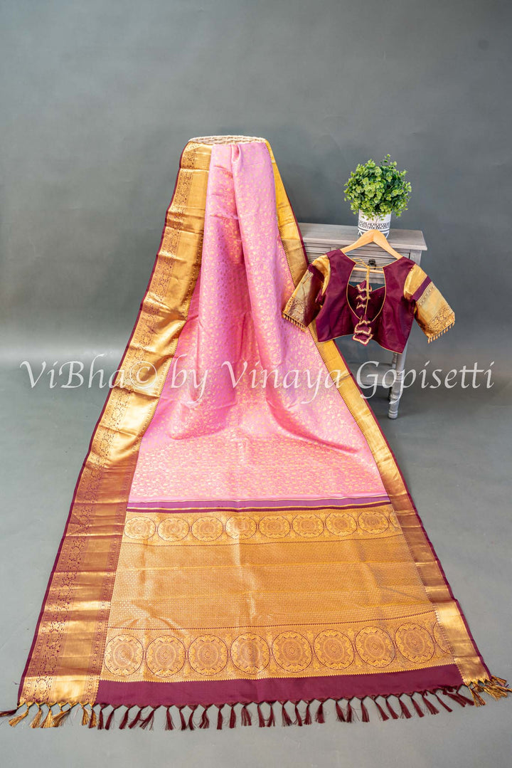 Pink And Burgundy Kanchi Silk Saree And Blouse