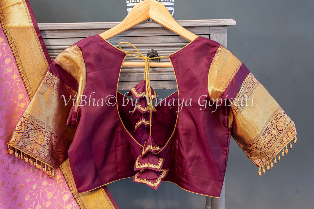 Pink And Burgundy Kanchi Silk Saree And Blouse