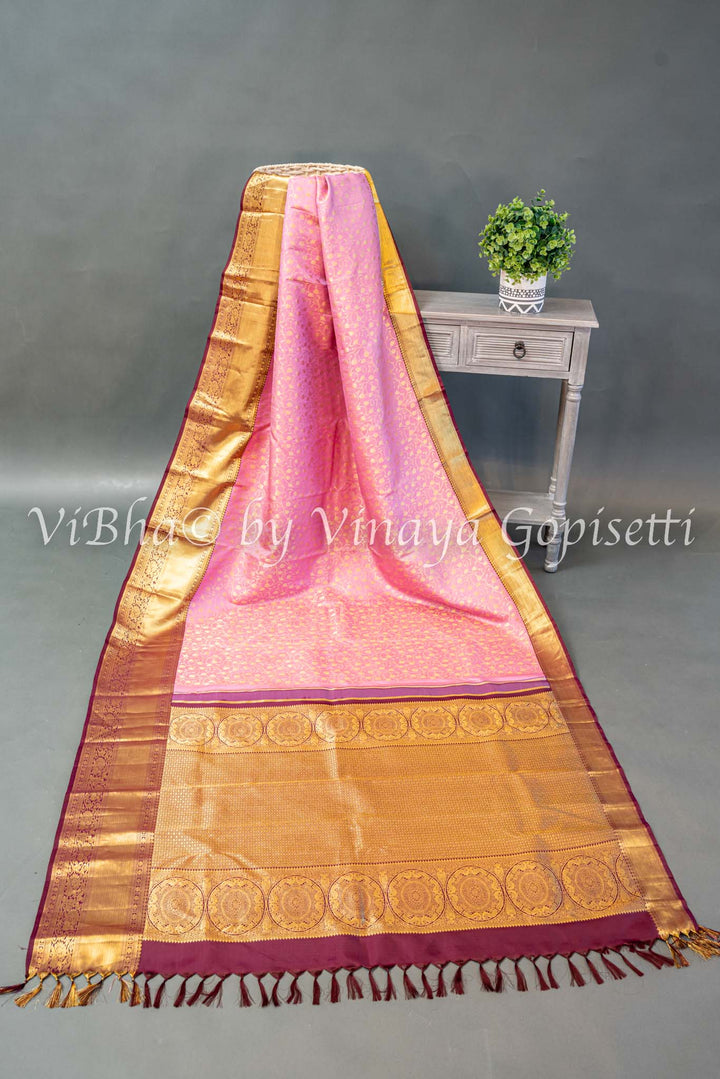 Pink And Burgundy Kanchi Silk Saree And Blouse