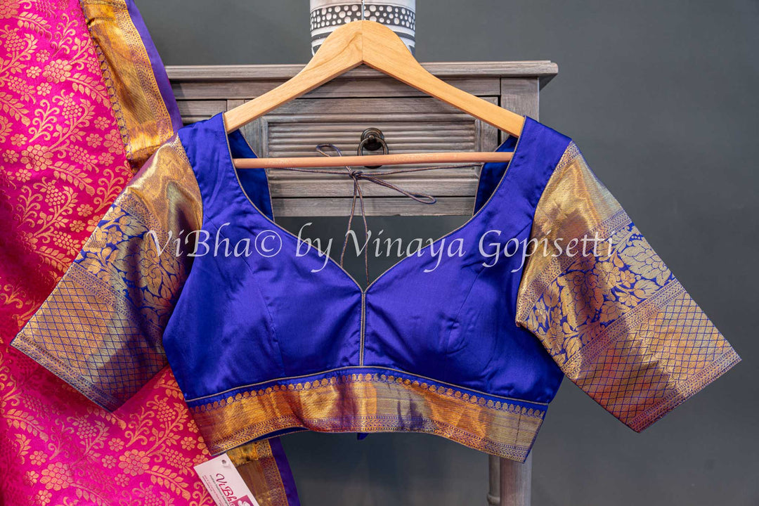 Pink And Royal Blue Kanchi Silk Saree And Blouse