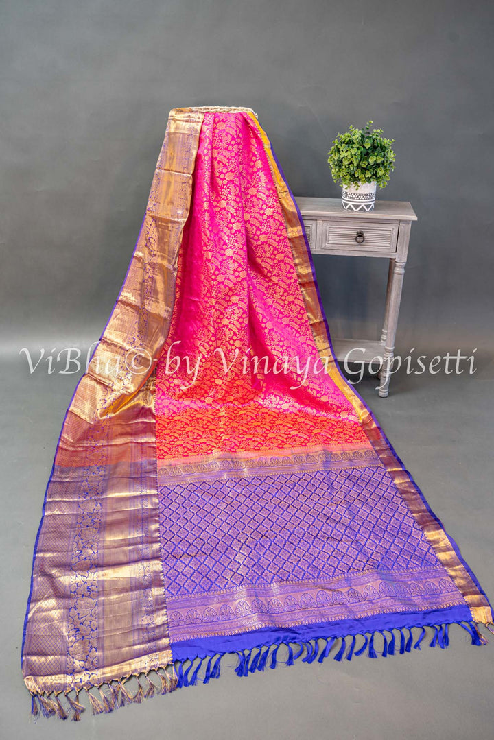 Pink And Royal Blue Kanchi Silk Saree And Blouse