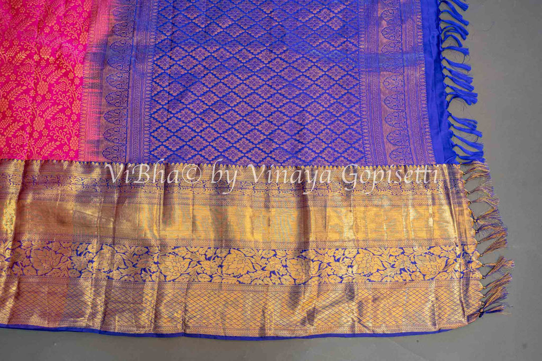 Pink And Royal Blue Kanchi Silk Saree And Blouse