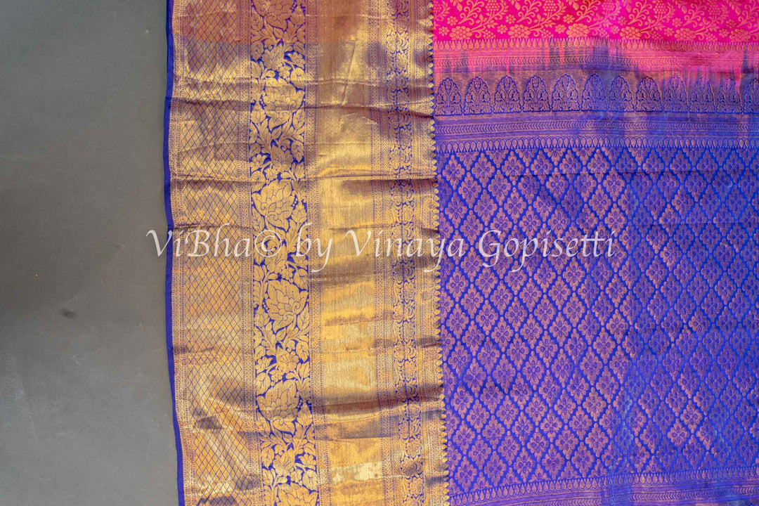 Pink And Royal Blue Kanchi Silk Saree And Blouse