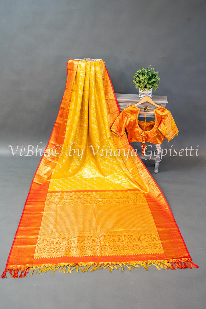 Yellow And Red Kanchi Silk Saree And Blouse