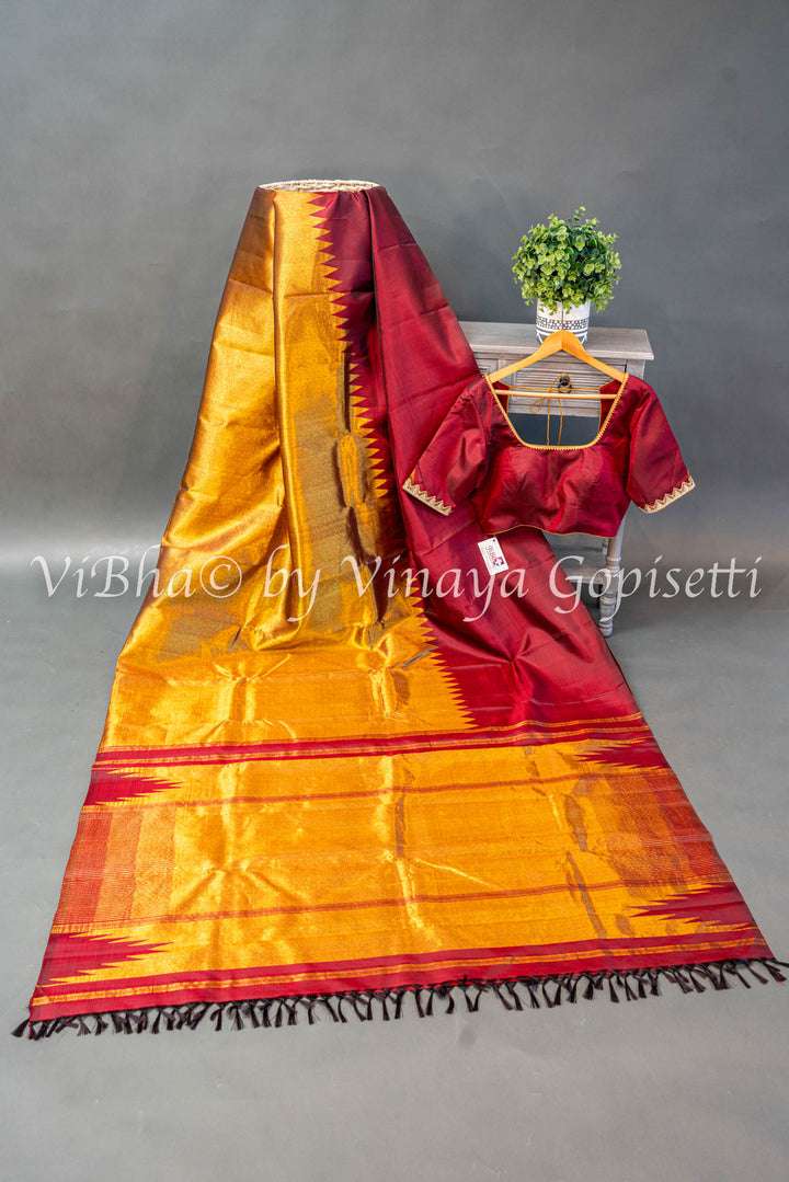 Maroon Rising Border Kanchi Silk Saree And Blouse