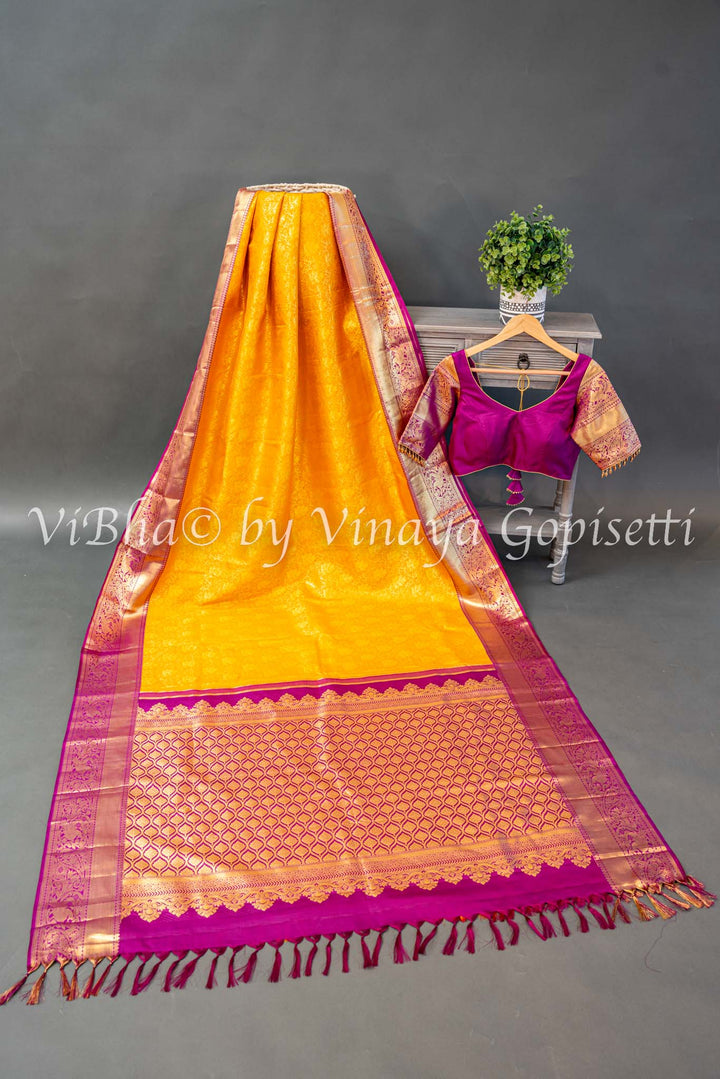 Yellow And Purple Kanchi Silk Saree And Blouse