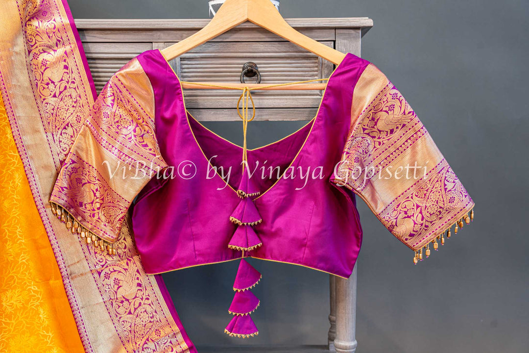 Yellow And Purple Kanchi Silk Saree And Blouse