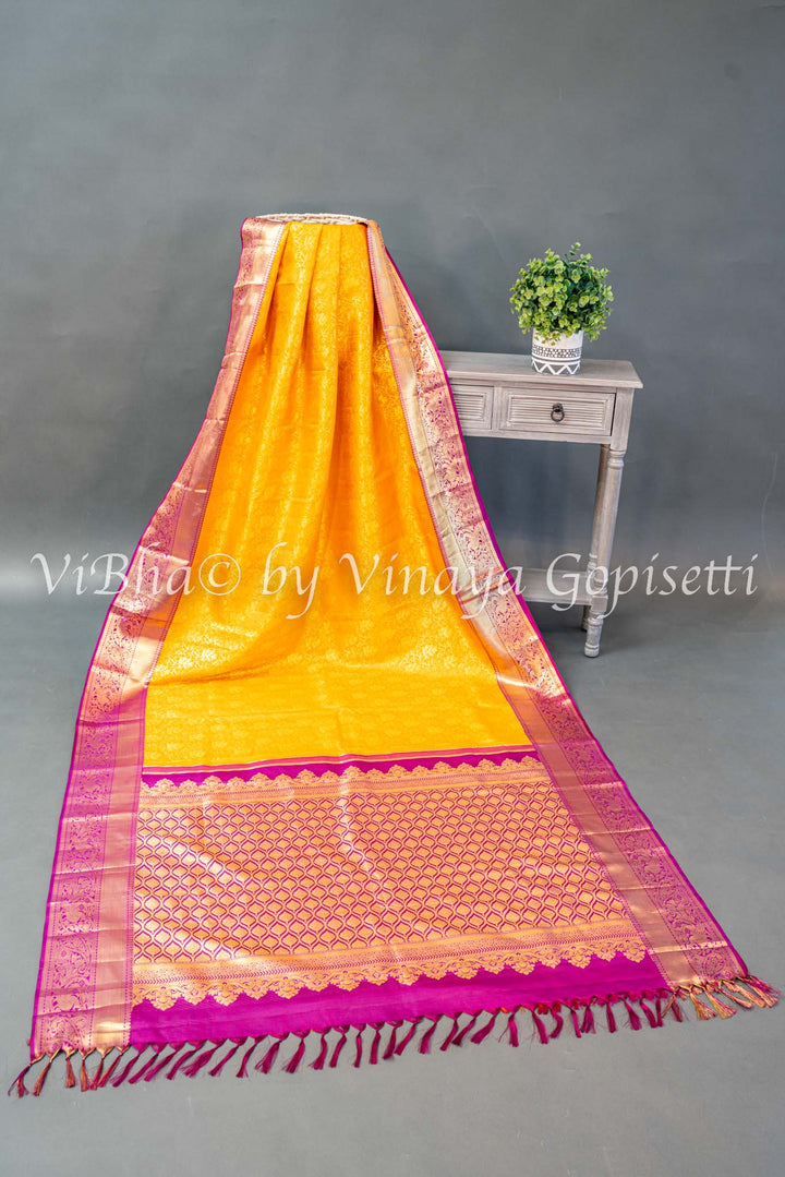 Yellow And Purple Kanchi Silk Saree And Blouse