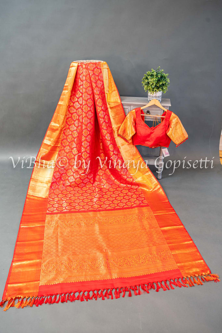 Red Gold And Silver Zari Kanchi Silk Saree And Blouse