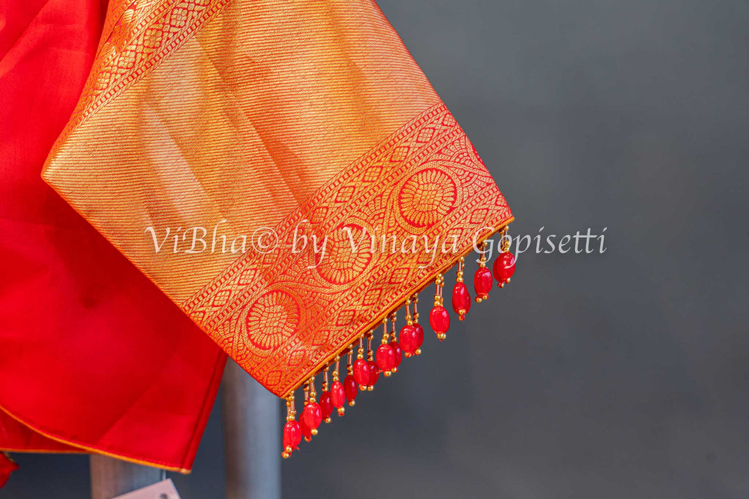 Red Gold And Silver Zari Kanchi Silk Saree And Blouse