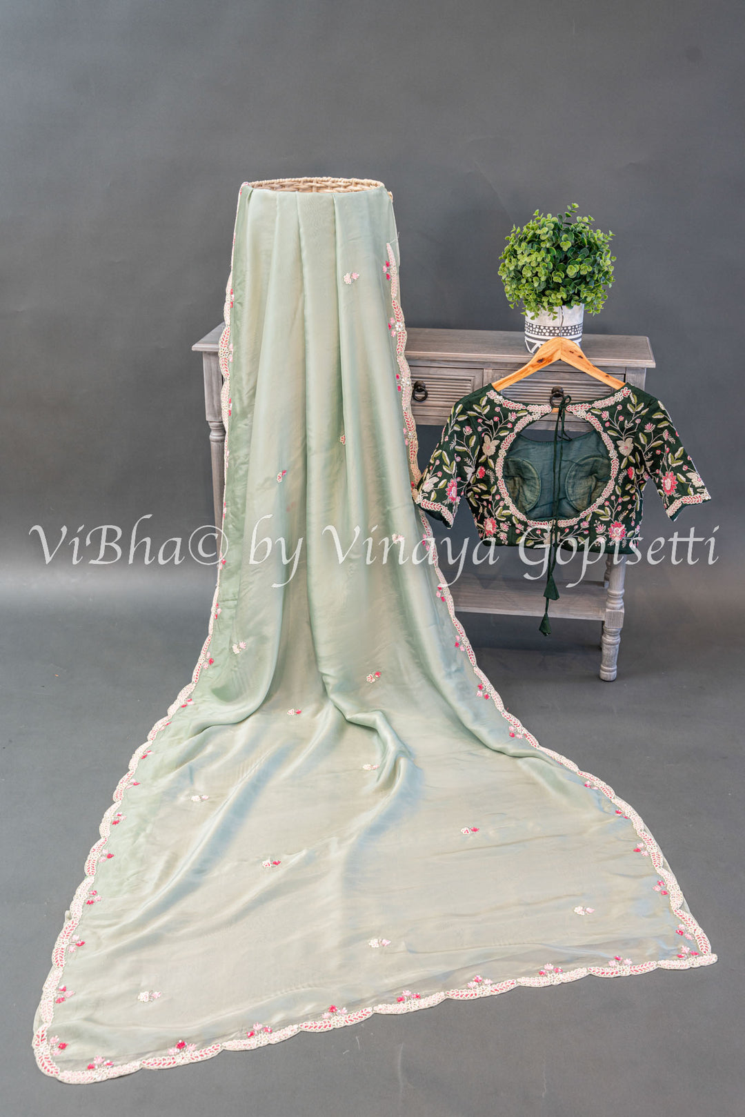 Pastel And Dark Green Soft Organza Embroidered Saree And Blouse