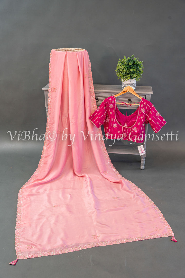 Dark And Light Pink Embroidered Saree And Blouse