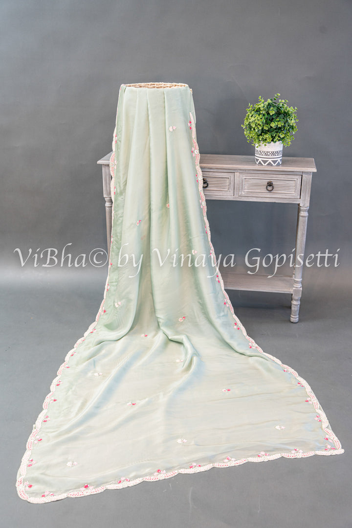 Pastel And Dark Green Soft Organza Embroidered Saree And Blouse