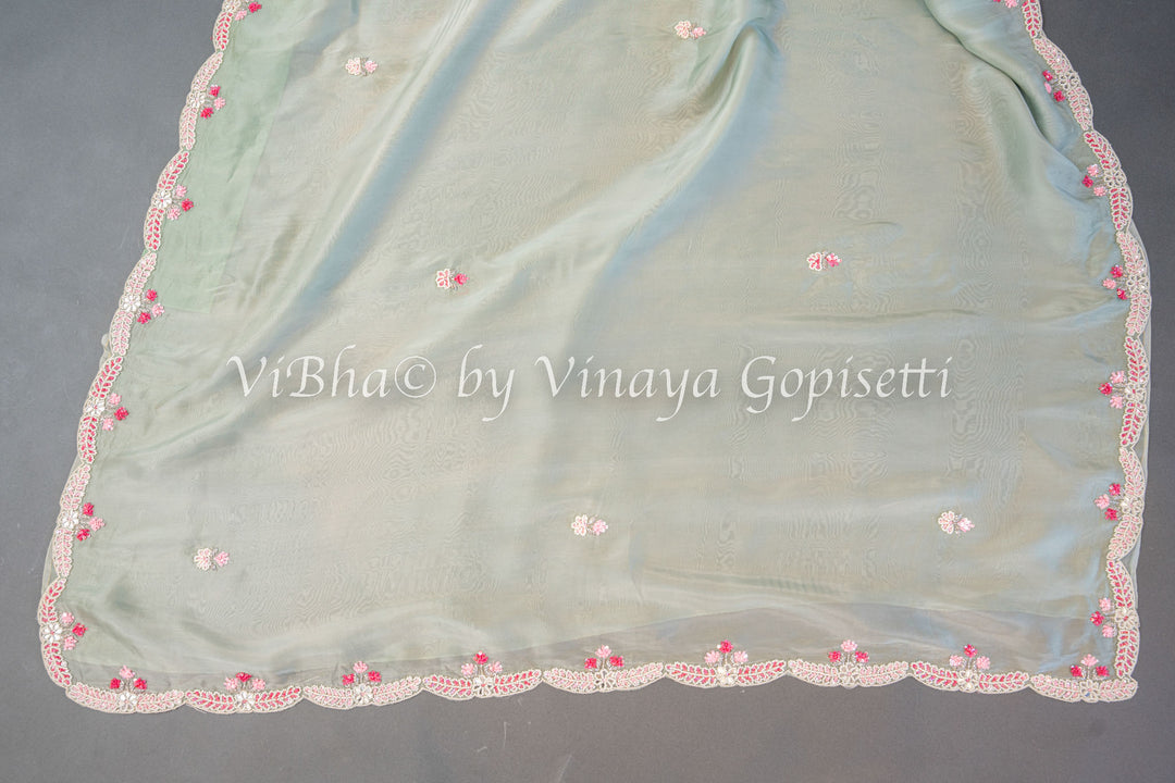 Pastel And Dark Green Soft Organza Embroidered Saree And Blouse