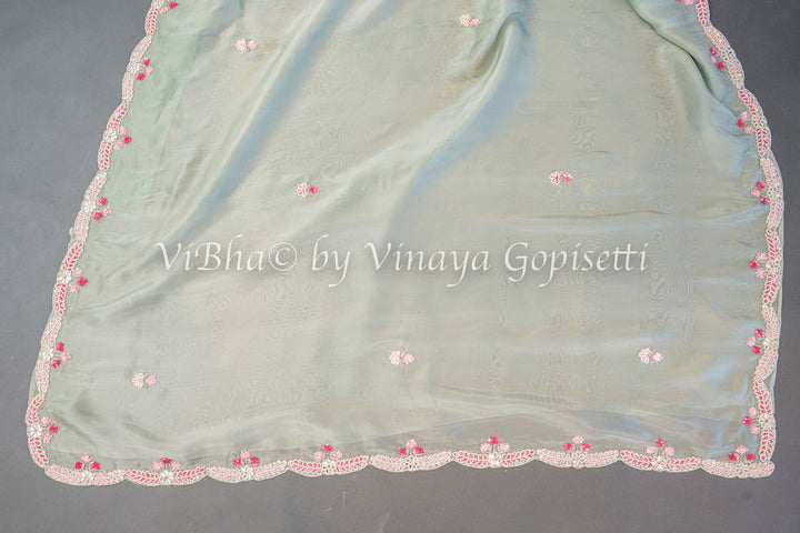 Pastel And Dark Green Soft Organza Embroidered Saree And Blouse