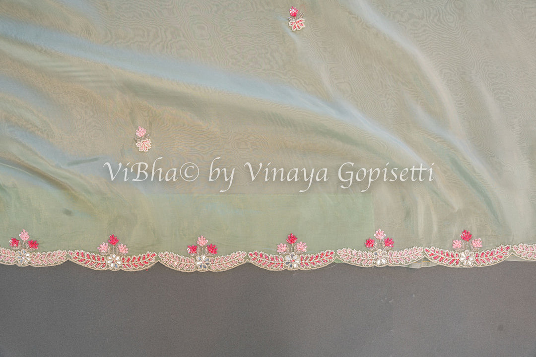 Pastel And Dark Green Soft Organza Embroidered Saree And Blouse