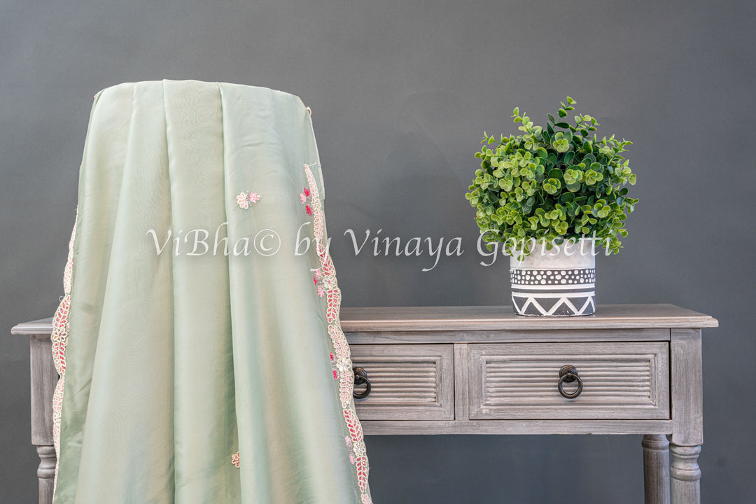 Pastel And Dark Green Soft Organza Embroidered Saree And Blouse